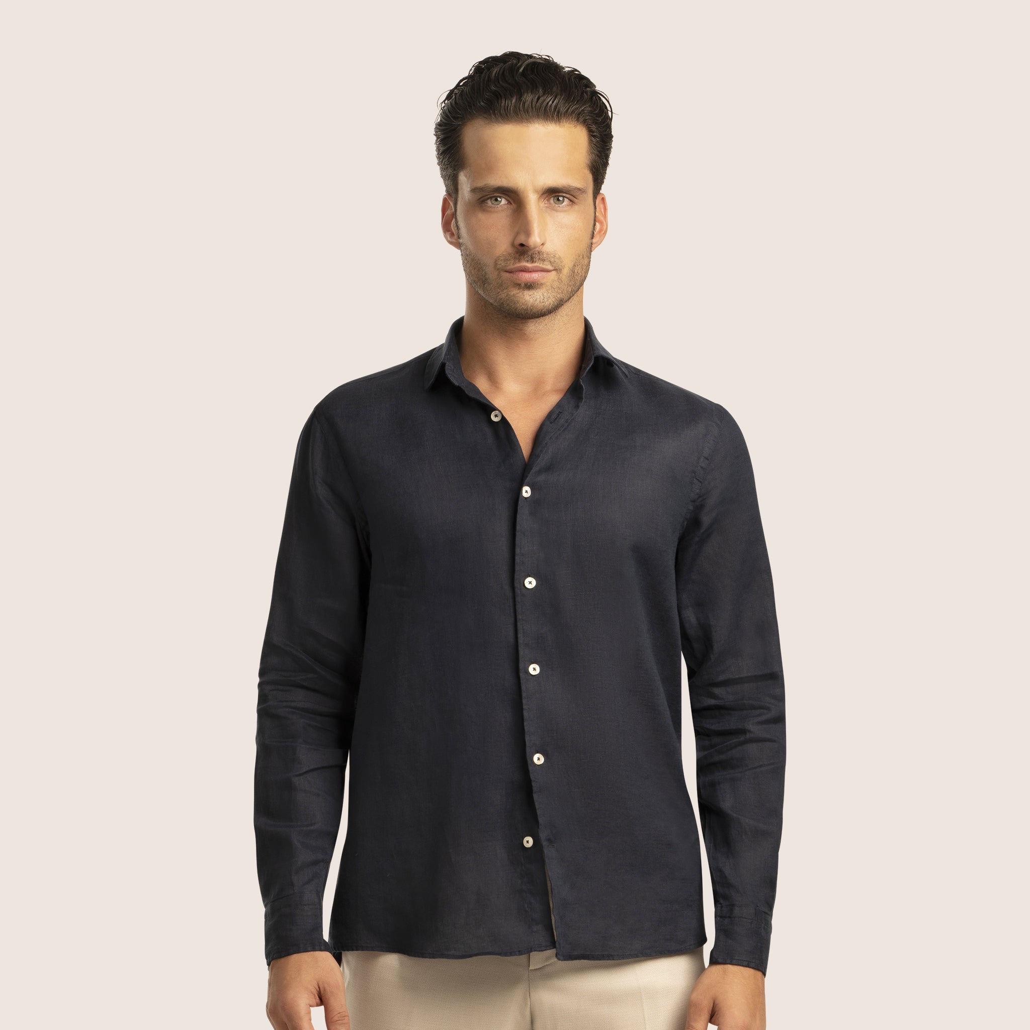 Aansluitend Linnen Overhemd Marineblauw