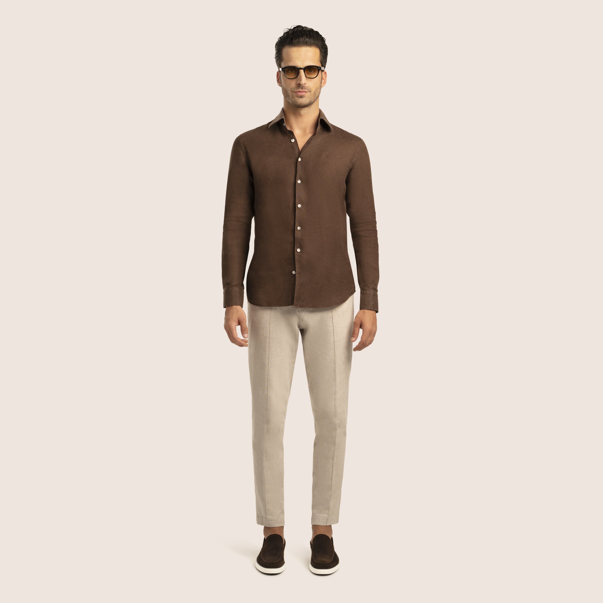 Aansluitend Linnen Overhemd Bruin